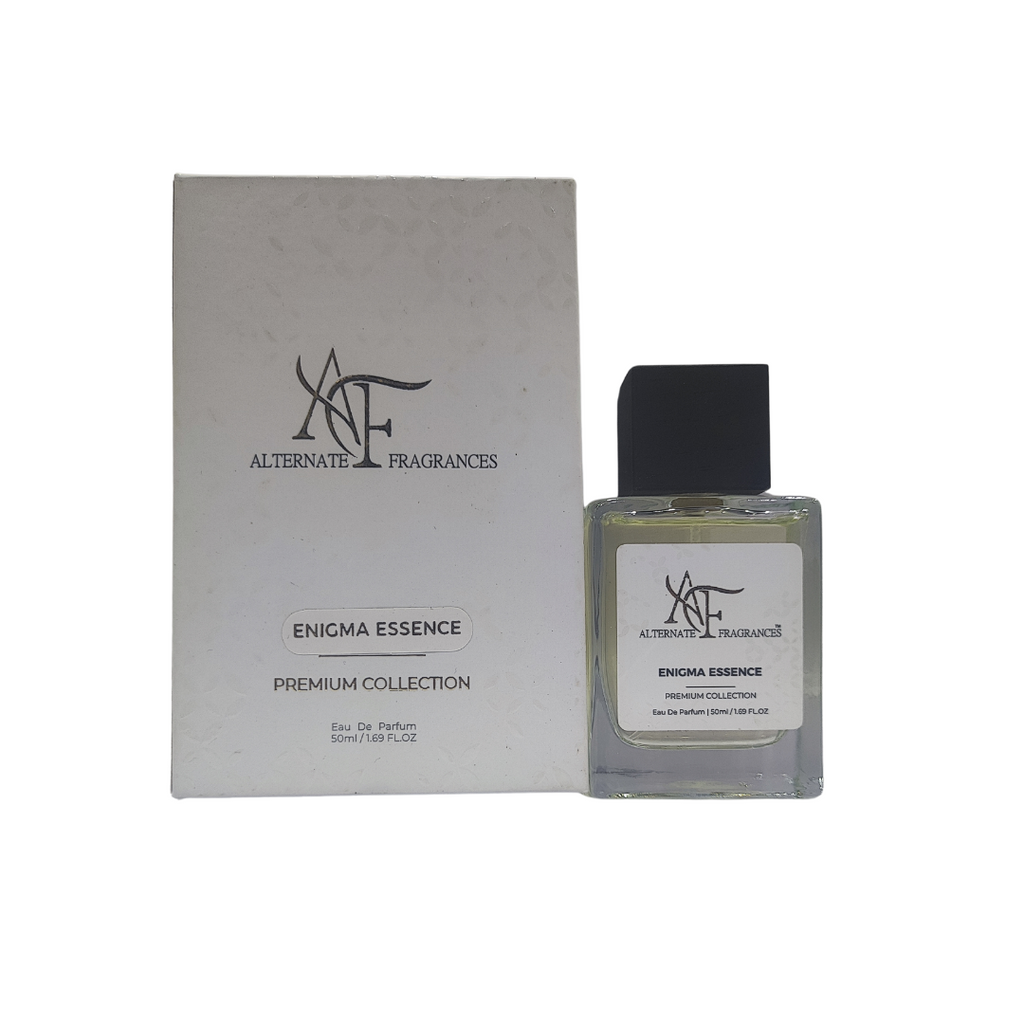 Enigma Essence EDP perfume bottle by Rini Deals, sleek glass container with elegant design, showcasing the fragrance's luxurious appeal.