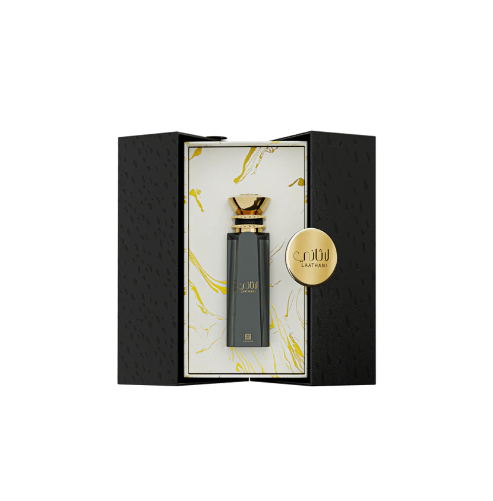 Ahmed Al Maghribi Laathani Eau de Parfum 80ml for men and women, sleek glass bottle with elegant design and fragrance cap.