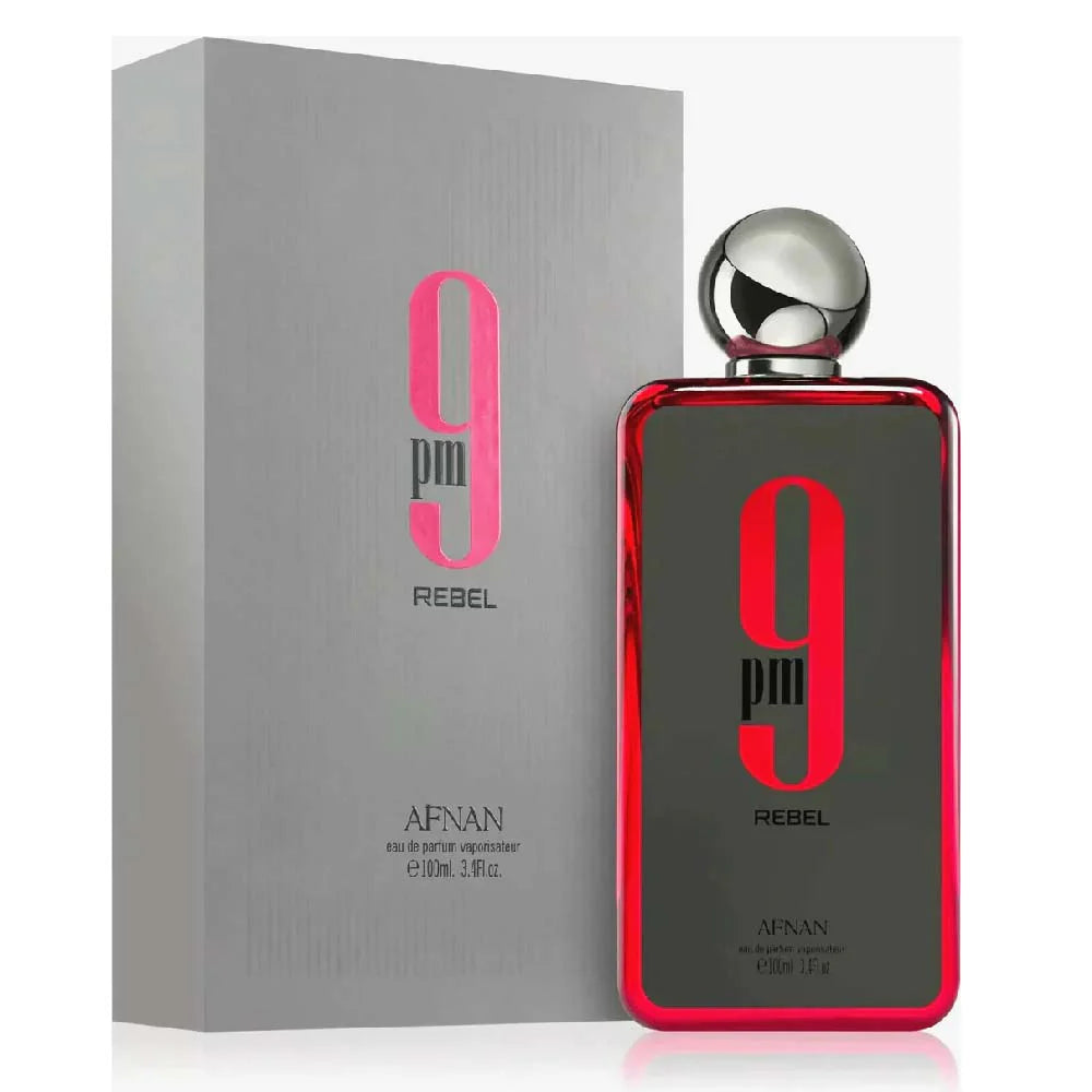 Afnan 9PM Rebel Eau de Parfum 100ml bottle for men and women, sleek design with a black and gold label.