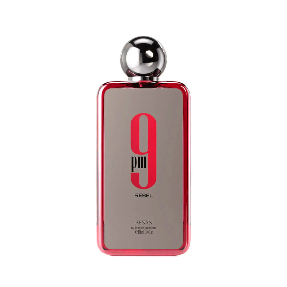 Afnan 9PM Rebel Eau De Parfum 100ml bottle for men and women, featuring sleek black design and elegant branding.