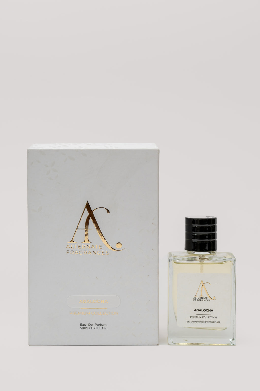 Agalocha Extrait de Parfum by Rini Deals in a 50ml bottle with elegant packaging and box, showcasing the perfume's luxurious design.