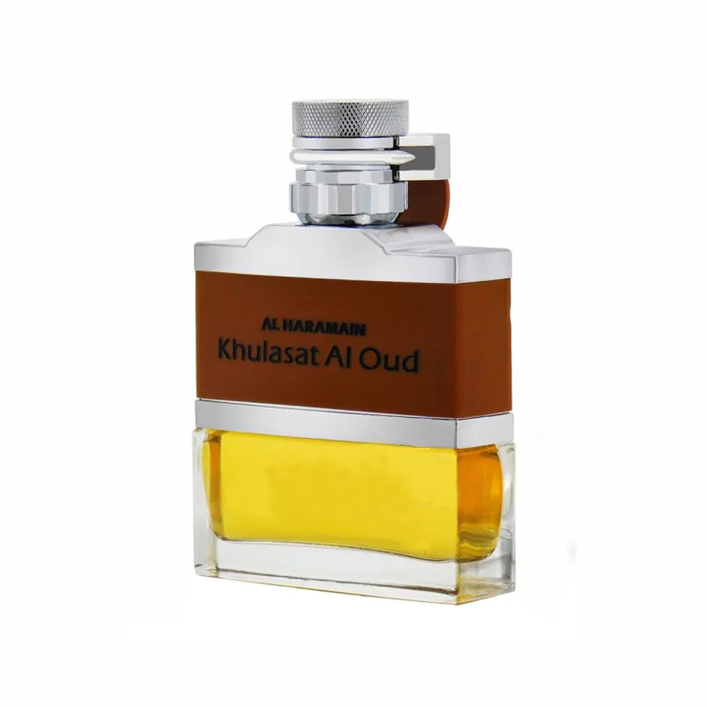 Al Haramain Khulasat Al Oud Eau de Parfum 100ml bottle for men and women, featuring elegant packaging and a luxurious fragrance.