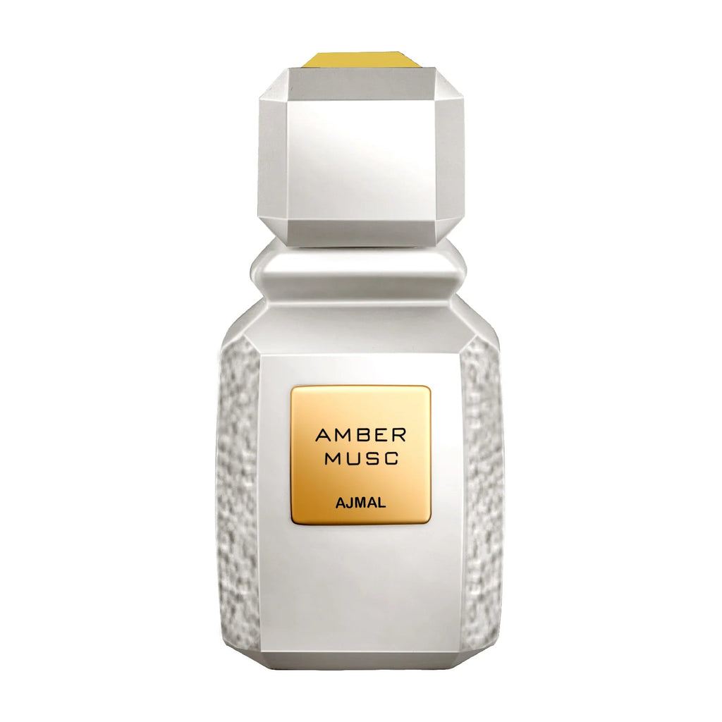 Ajmal Amber Musc EDP perfume bottle for men and women, featuring a sleek glass design and amber-colored liquid.