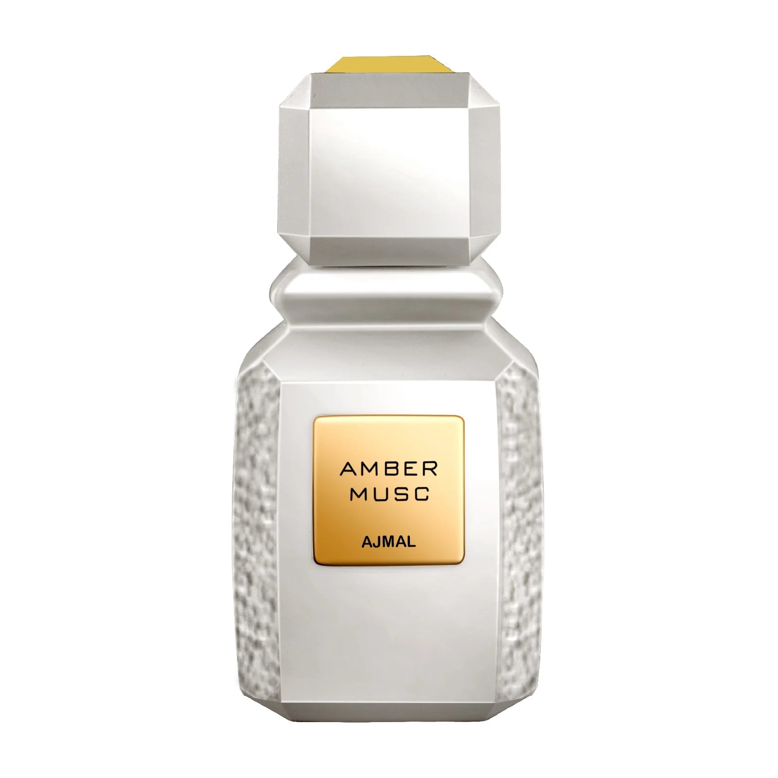 Ajmal Amber Musc EDP perfume bottle for men and women, featuring a sleek glass design and amber-colored liquid.