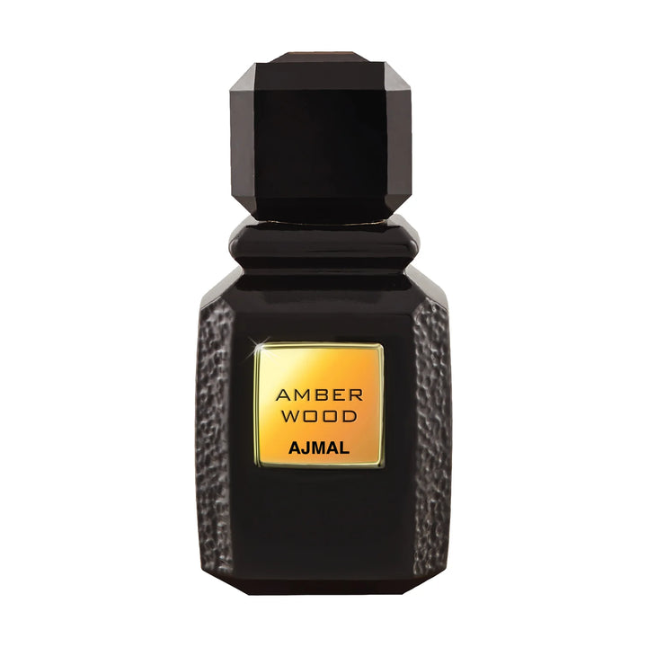 Ajmal Amber Wood Eau De Perfume bottle 100ML for men and women, featuring a sleek glass design with amber-colored liquid inside.