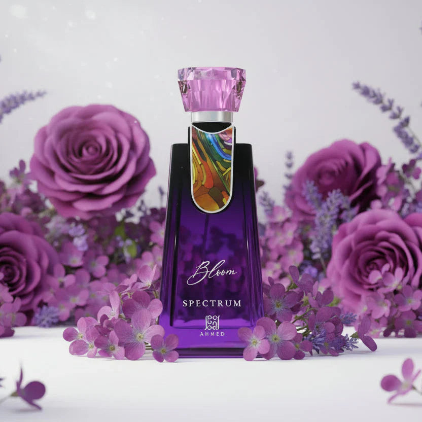 Ahmed Al Maghribi Bloom Spectrum Eau De Parfum 100ml bottle with elegant packaging, suitable for men and women.