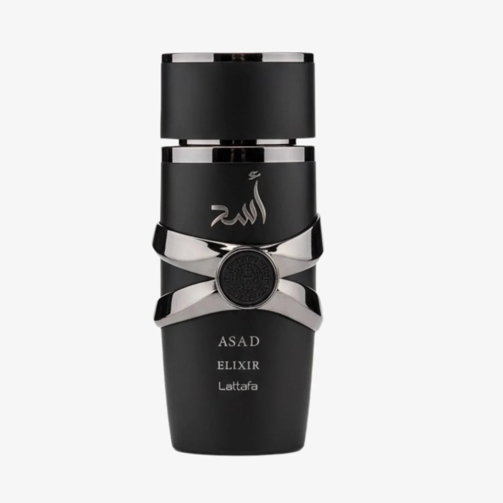 Lattafa Asad Elixir Eau De Parfum 100ml for men, featuring a sleek bottle design and elegant fragrance packaging.