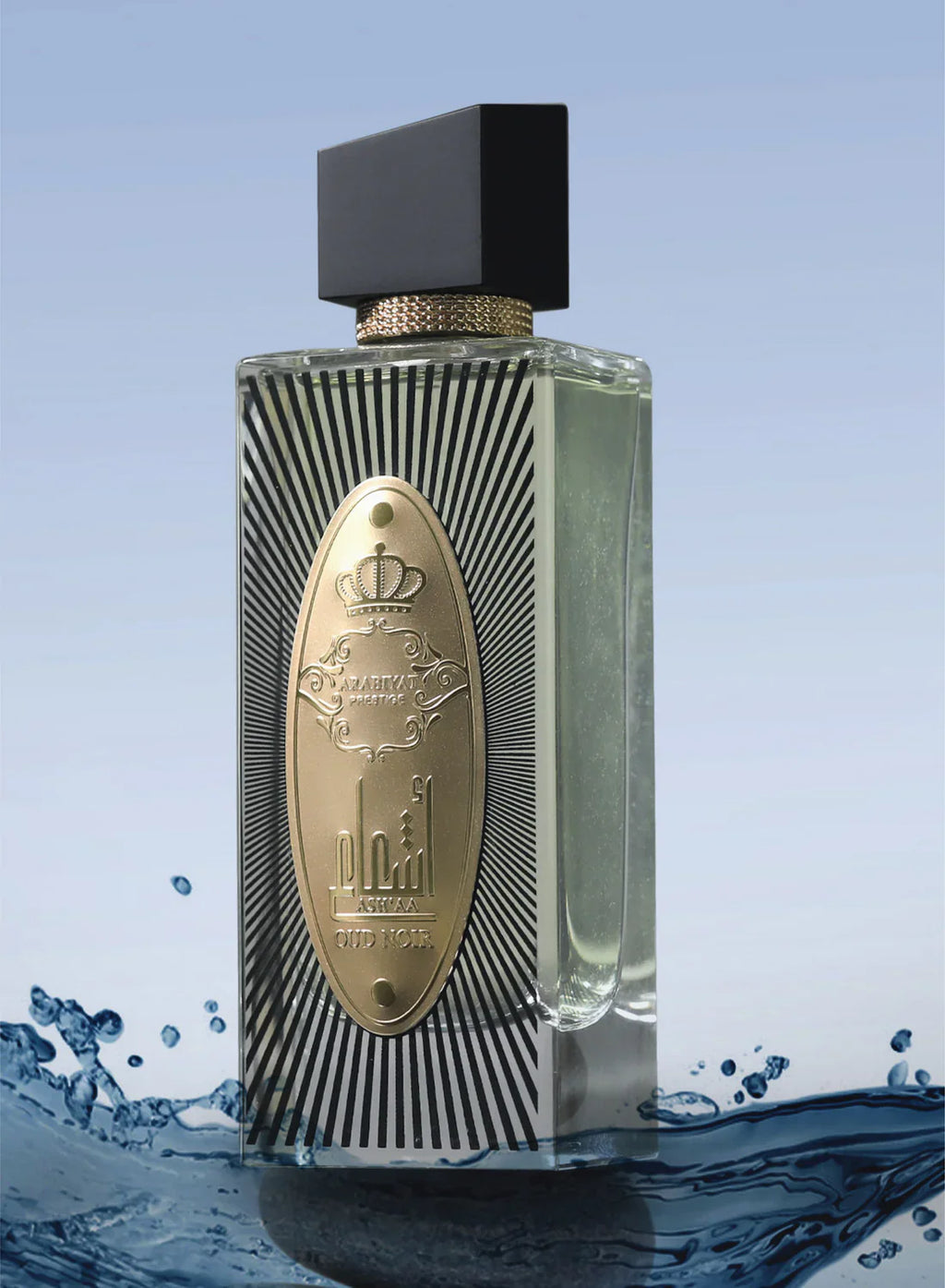 Arabiyat Prestige Ash'aa Oud Noir Eau De Parfum 110ml bottle with black and gold packaging for men and women, luxurious fragrance.
