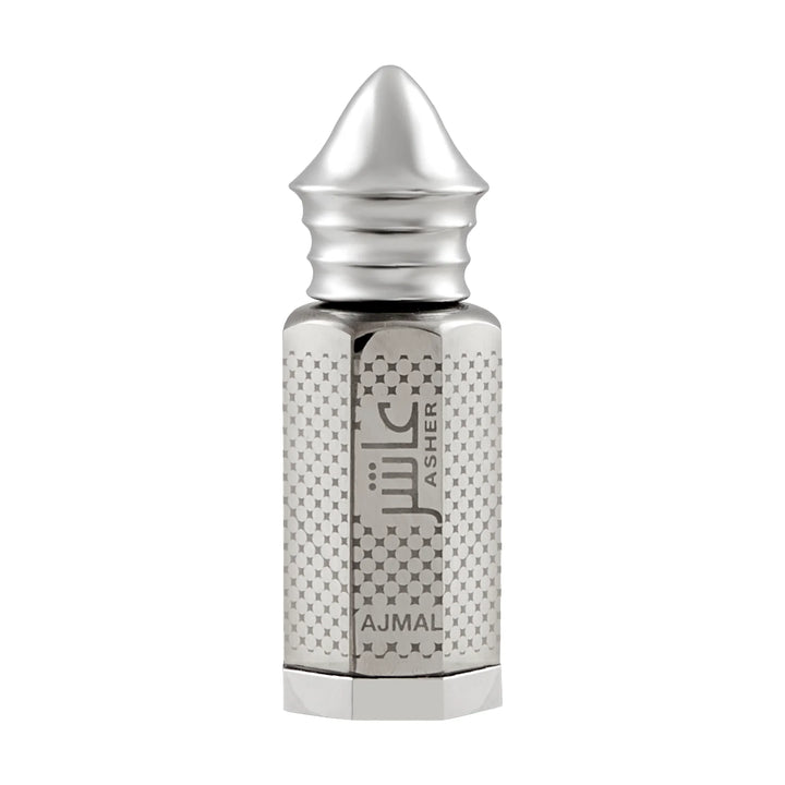 Ajmal Asher concentrated perfume oil for men and women in a 12ml bottle, featuring a sleek, elegant design.