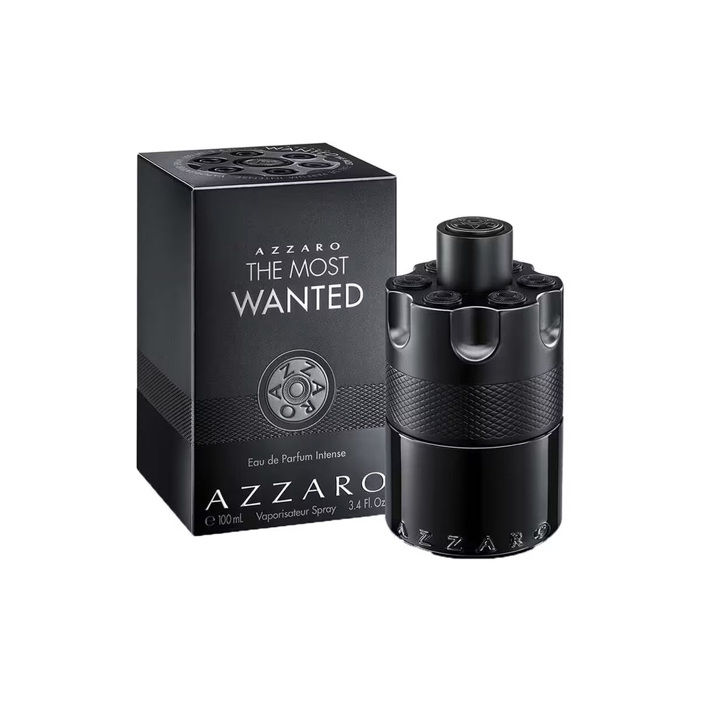 Azzaro The Most Wanted Eau De Parfum Intense 100ml bottle for men, featuring sleek black and gold design with a modern fragrance appearance.