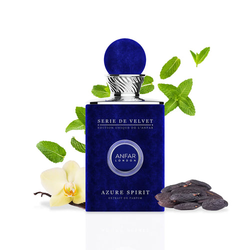 Anfar Azure Spirit EDP 100ml bottle with sleek blue and silver design, ideal for men and women.