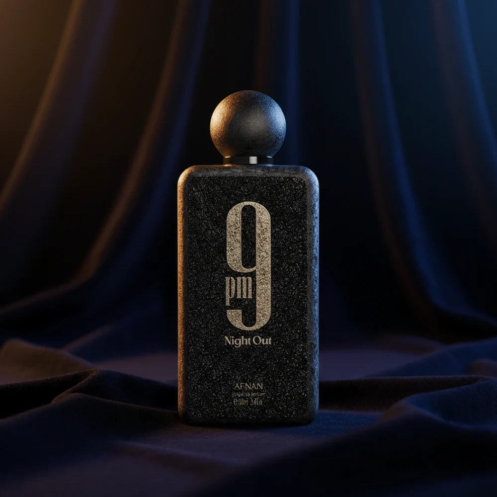 Afnan 9PM Eau De Parfum for Men 100ml tester bottle, night out scent, sleek glass design with dark liquid fragrance inside.