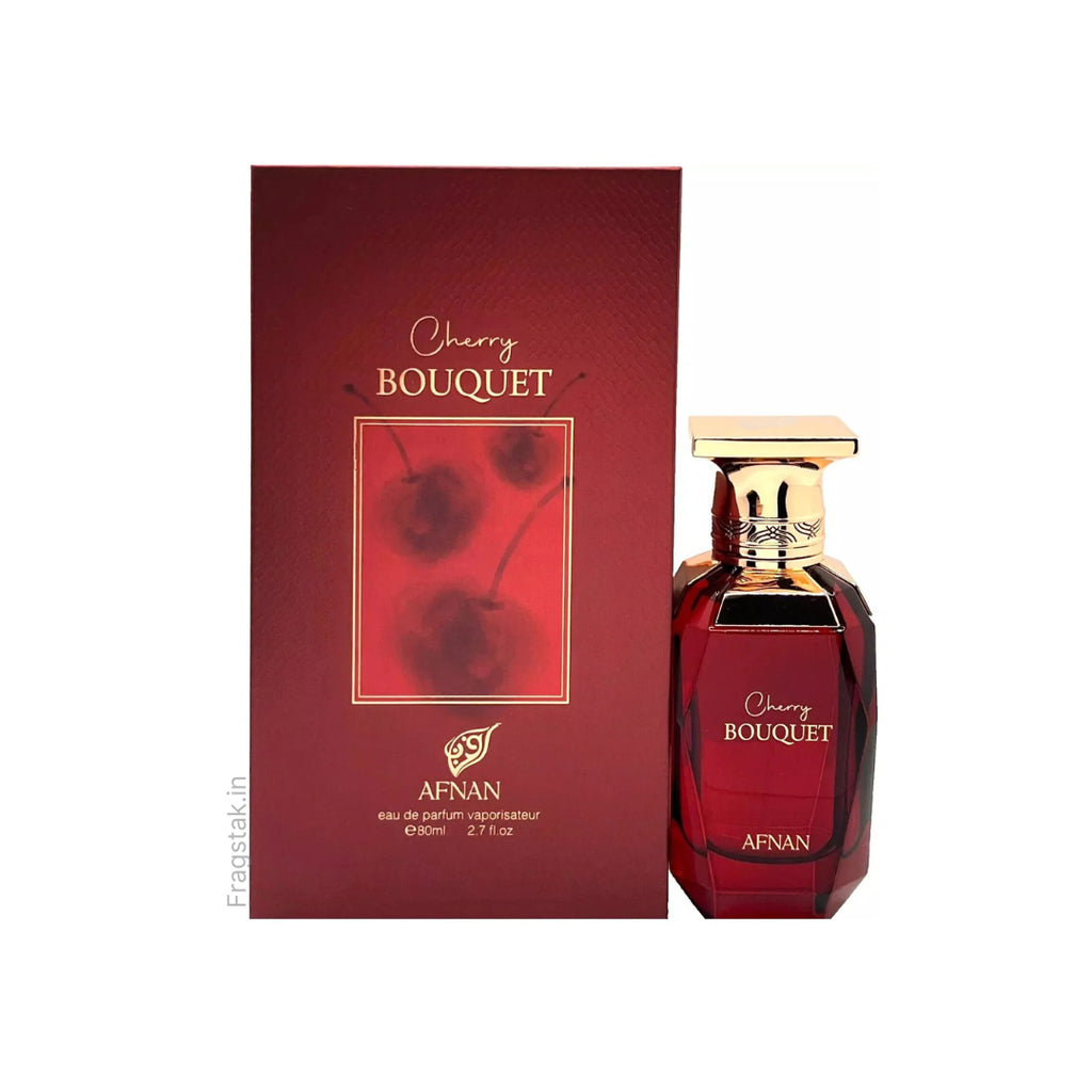 Afnan Cherry Bouquet Eau De Parfum 80ml for women, featuring a floral perfume bottle with a cherry blossom design.