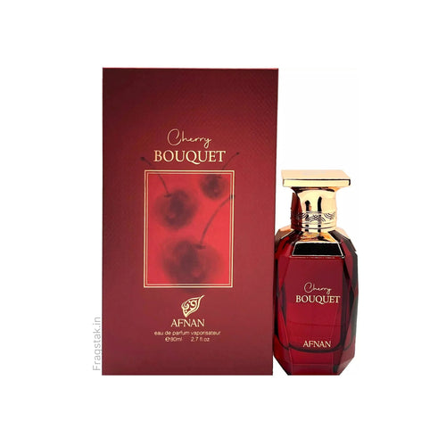 Afnan Cherry Bouquet Eau De Parfum 80ml for women, featuring a floral perfume bottle with a cherry blossom design.