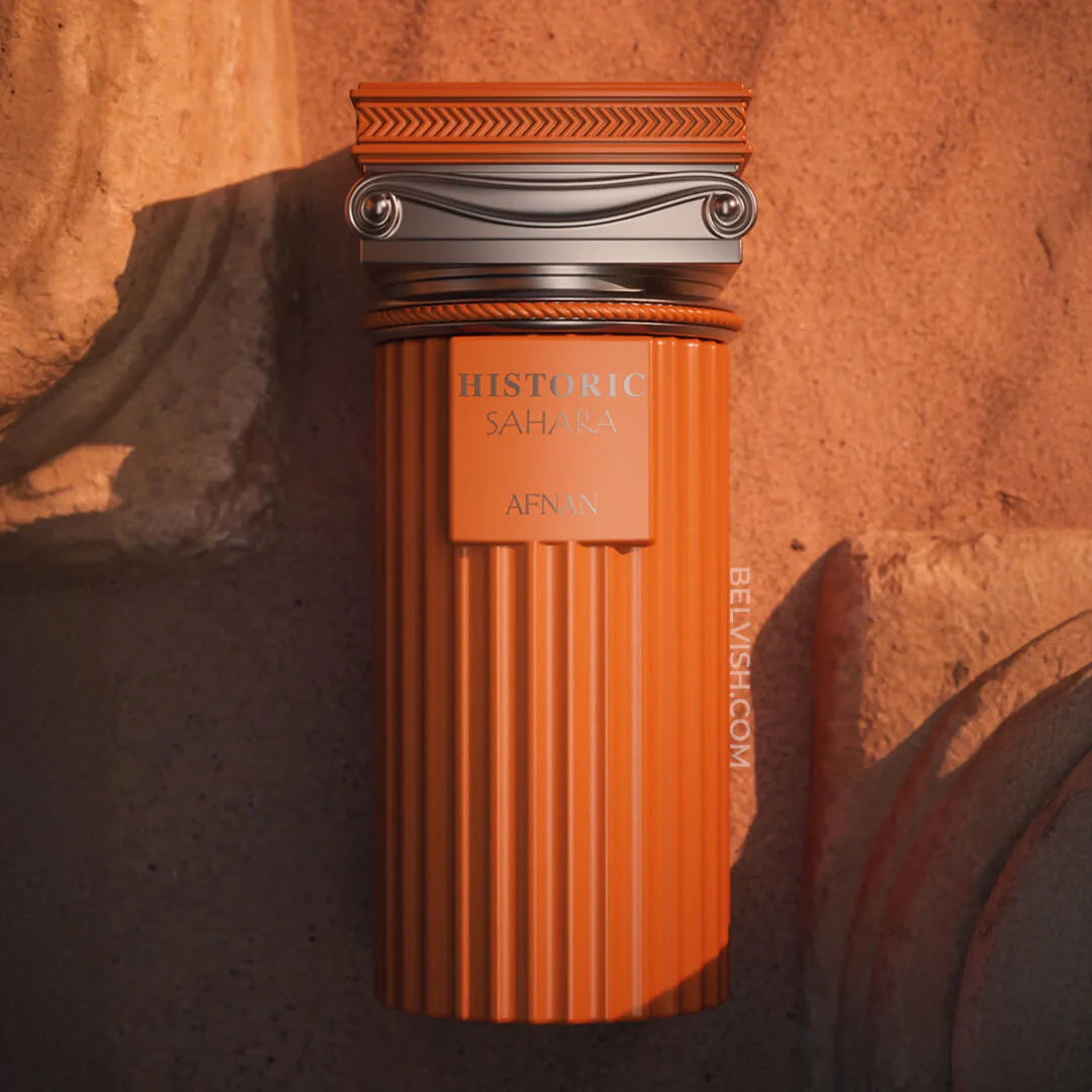 Afnan Historic Sahara Extrait De Parfum 100ml bottle with elegant packaging, suitable for men and women, on a neutral background.