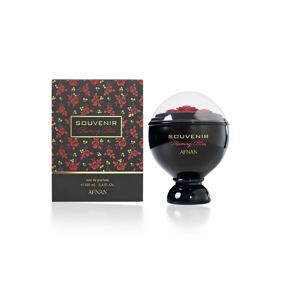 Afnan Souvenir Blooming Bliss Eau De Parfum 100ml bottle for men and women, featuring elegant floral design and transparent glass.
