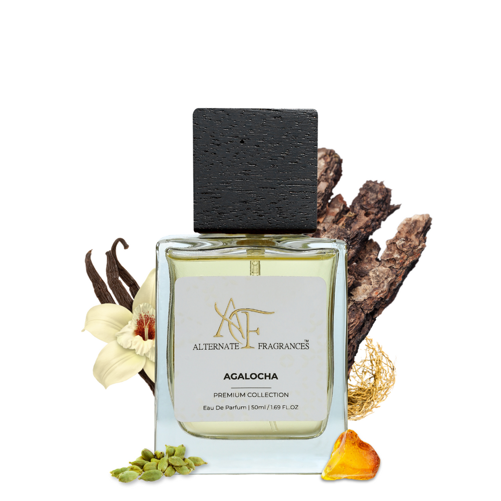 Agalocha Extrait de Parfum bottle by Rini Deals, elegant glass perfume bottle with intricate design and gold accents.