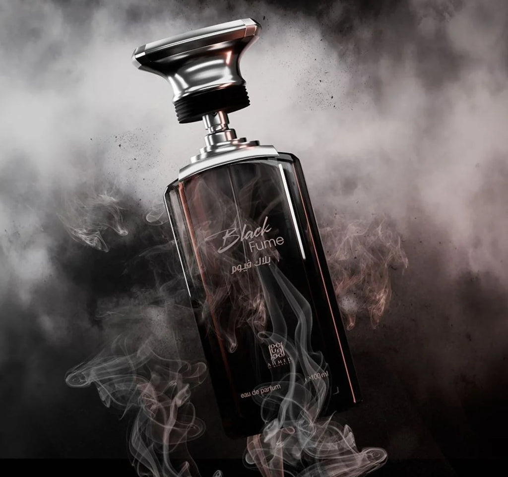 Ahmed Al Maghribi Black Fume Eau de Parfum for men, 100ml, featuring dark scent bottle and sleek black design.