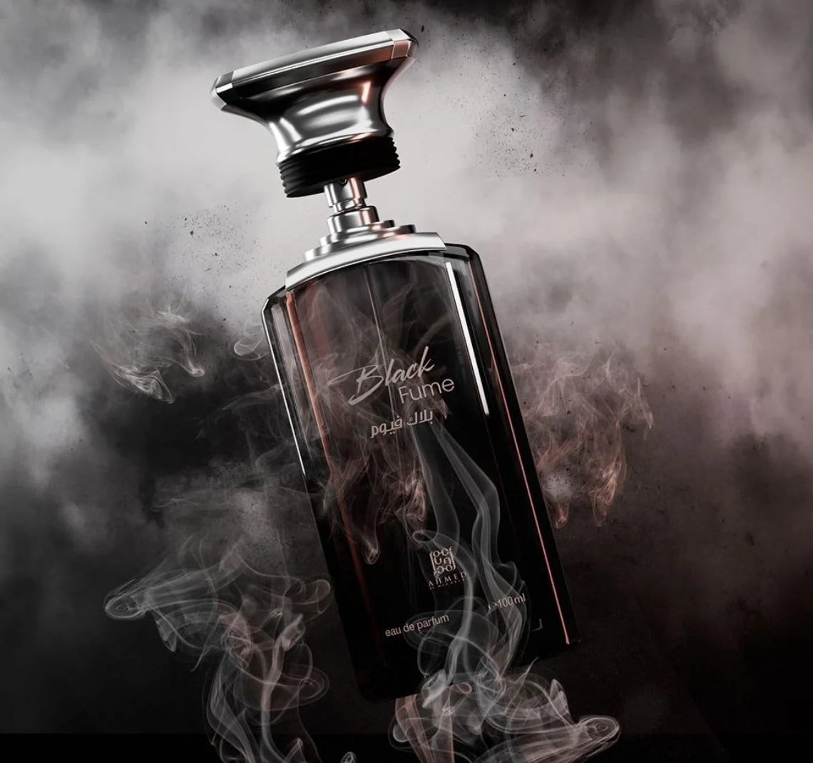 Ahmed Al Maghribi Black Fume Eau de Parfum for men, 100ml, featuring dark scent bottle and sleek black design.