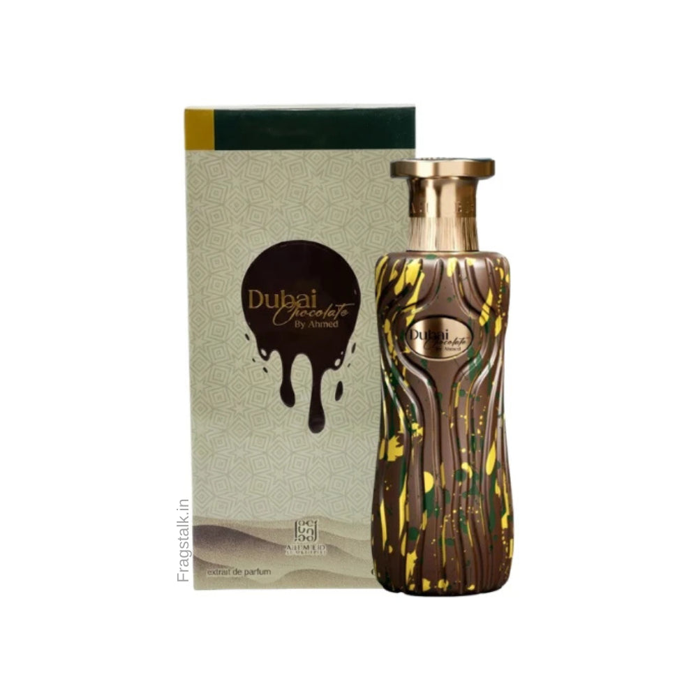 Ahmed Al Maghribi Dubai Chocolate Eau De Parfum 100ml bottle with black and gold packaging for men and women.