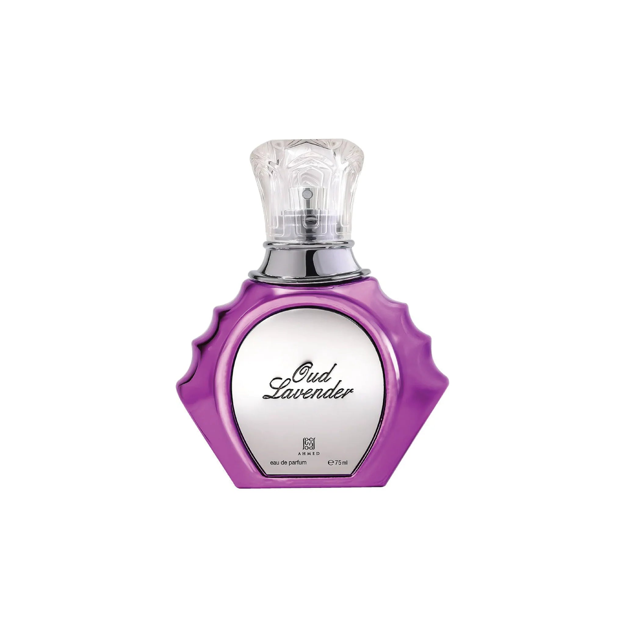 Ahmed Al Maghribi Oud Lavender Eau de Parfum 75ml bottle for women with a sleek glass design and lavender floral accents