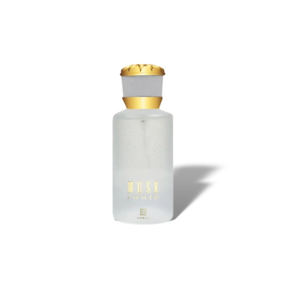 Ahmed Al Maghribi Musk Eau de Parfum 50ml bottle for men and women, elegant fragrance with a sleek glass design.