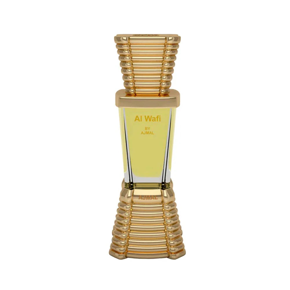 Ajmal Al Wafi concentrated perfume oil for men and women, featuring a sleek glass bottle with a silver cap and elegant design.