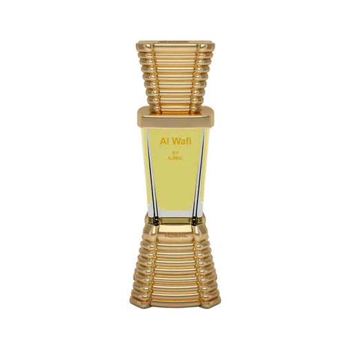 Ajmal Al Wafi concentrated perfume oil for men and women, featuring a sleek glass bottle with a silver cap and elegant design.