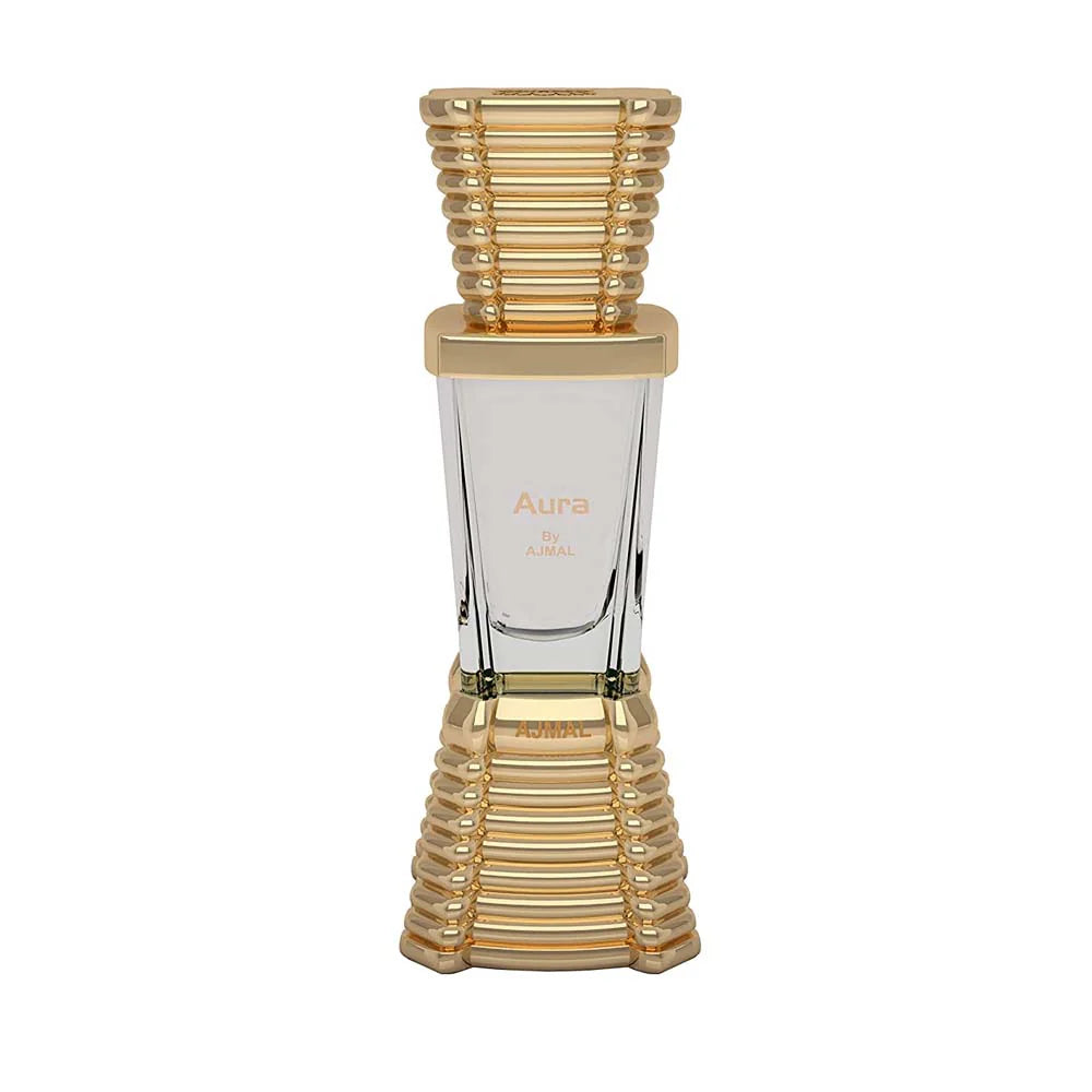 Ajmal Aura concentrated perfume oil for men and women, featuring elegant glass bottle with gold accents and a sleek design.