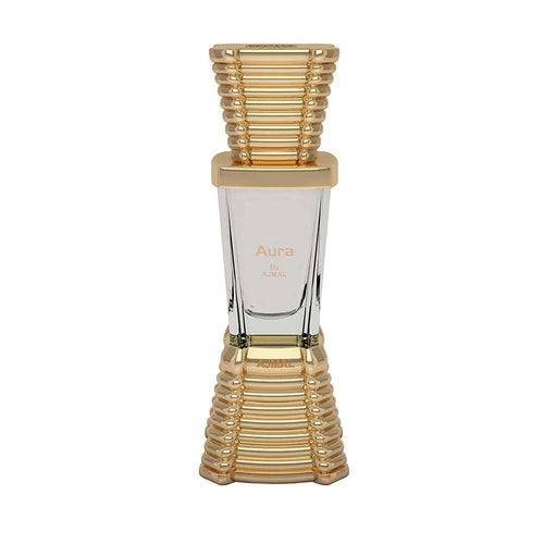 Ajmal Aura concentrated perfume oil for men and women, featuring elegant glass bottle with gold accents and a sleek design.
