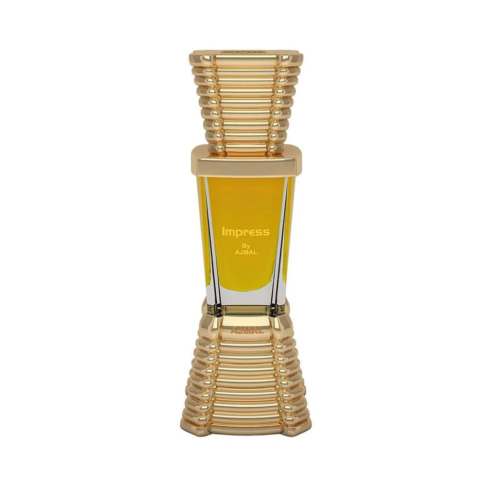Ajmal Impress concentrated perfume oil for men and women in a clear glass bottle with gold accents.