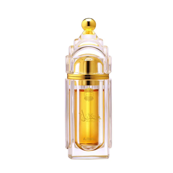Ajmal Kandeel concentrated perfume oil for men and women in a clear glass bottle with a black cap, displaying the product label.