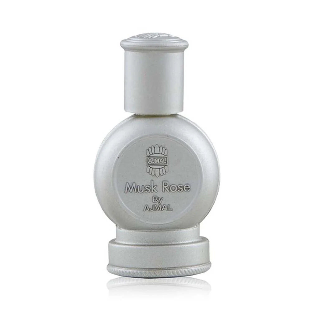 Ajmal Musk Rose concentrated perfume oil for men and women, featuring a glass bottle with a black cap and floral rose scent.