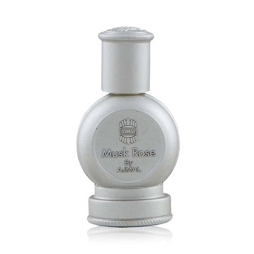 Ajmal Musk Rose concentrated perfume oil for men and women, featuring a glass bottle with a black cap and floral rose scent.