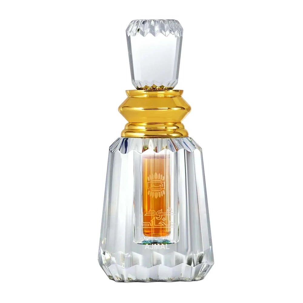 Ajmal Oudh Mukhalat concentrated perfume oil for men and women, featuring a glass bottle with dark amber liquid and elegant label.