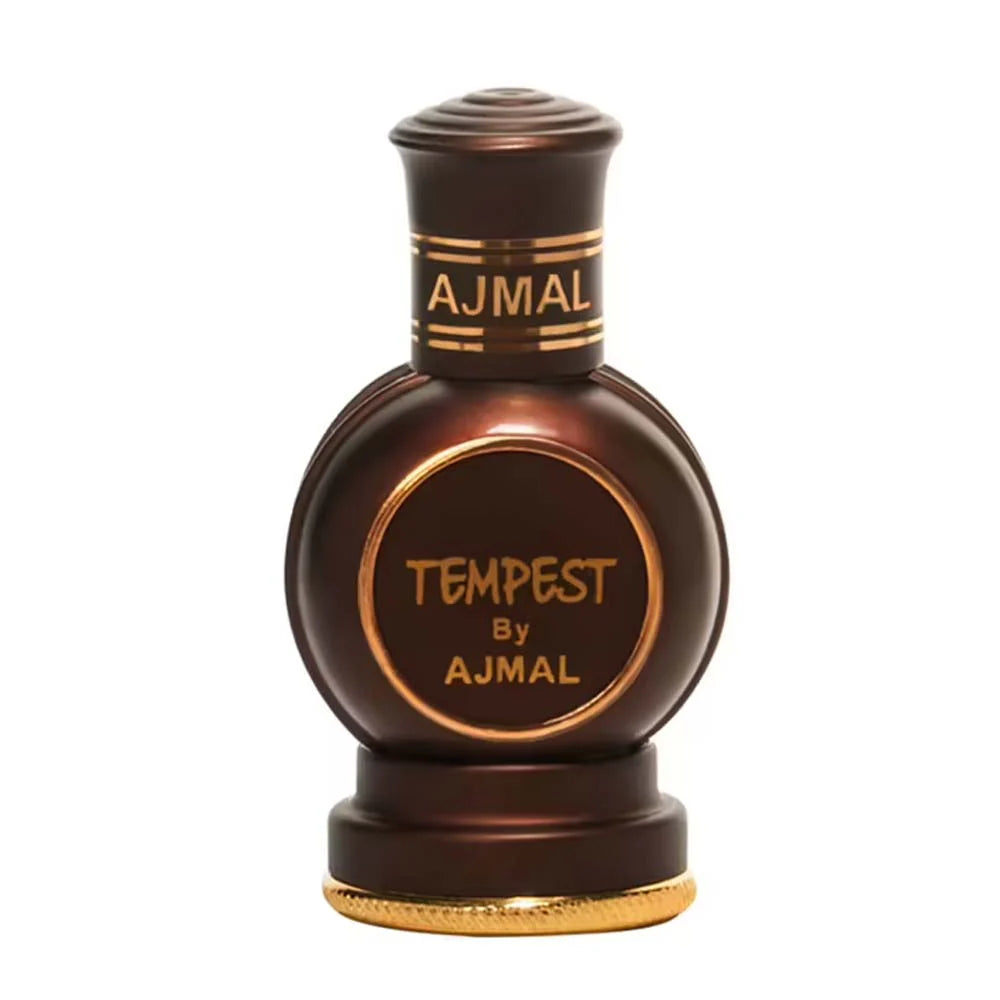 A brown, cylindrical AJMAL TEMPEST CONCENTRATED PERFUME OIL FOR MEN & WOMEN bottle with gold accents, a round base, and decorative bands. This elegant unisex perfume oil has text on a white background and refined gold details.