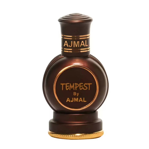 A brown, cylindrical AJMAL TEMPEST CONCENTRATED PERFUME OIL FOR MEN & WOMEN bottle with gold accents, a round base, and decorative bands. This elegant unisex perfume oil has text on a white background and refined gold details.