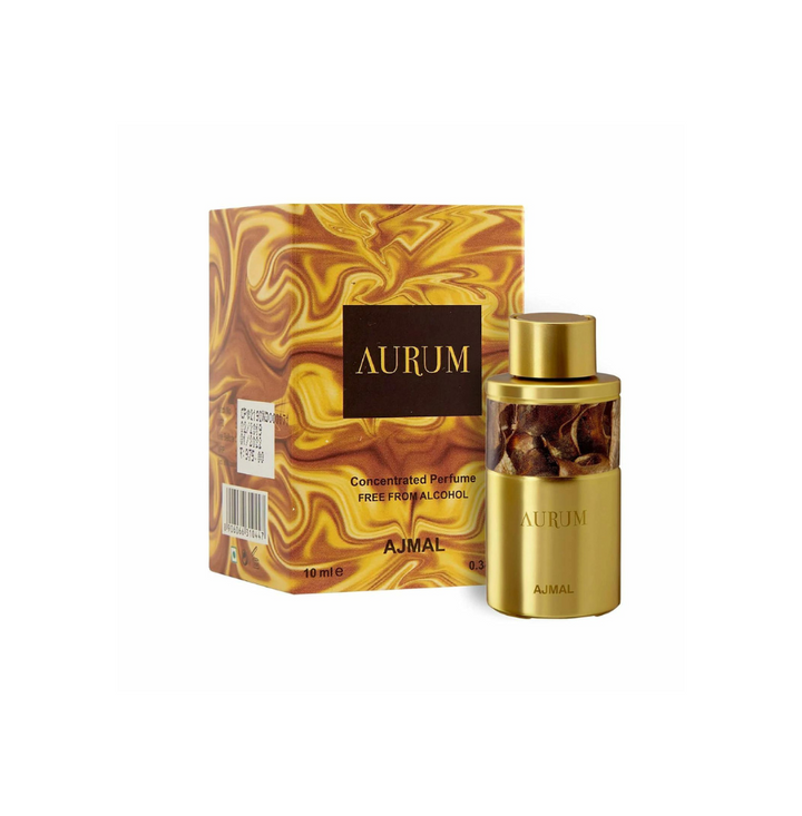 Ajmal Aurum concentrated perfume oil in 10ml bottle, suitable for men and women, featuring a luxurious fragrance.