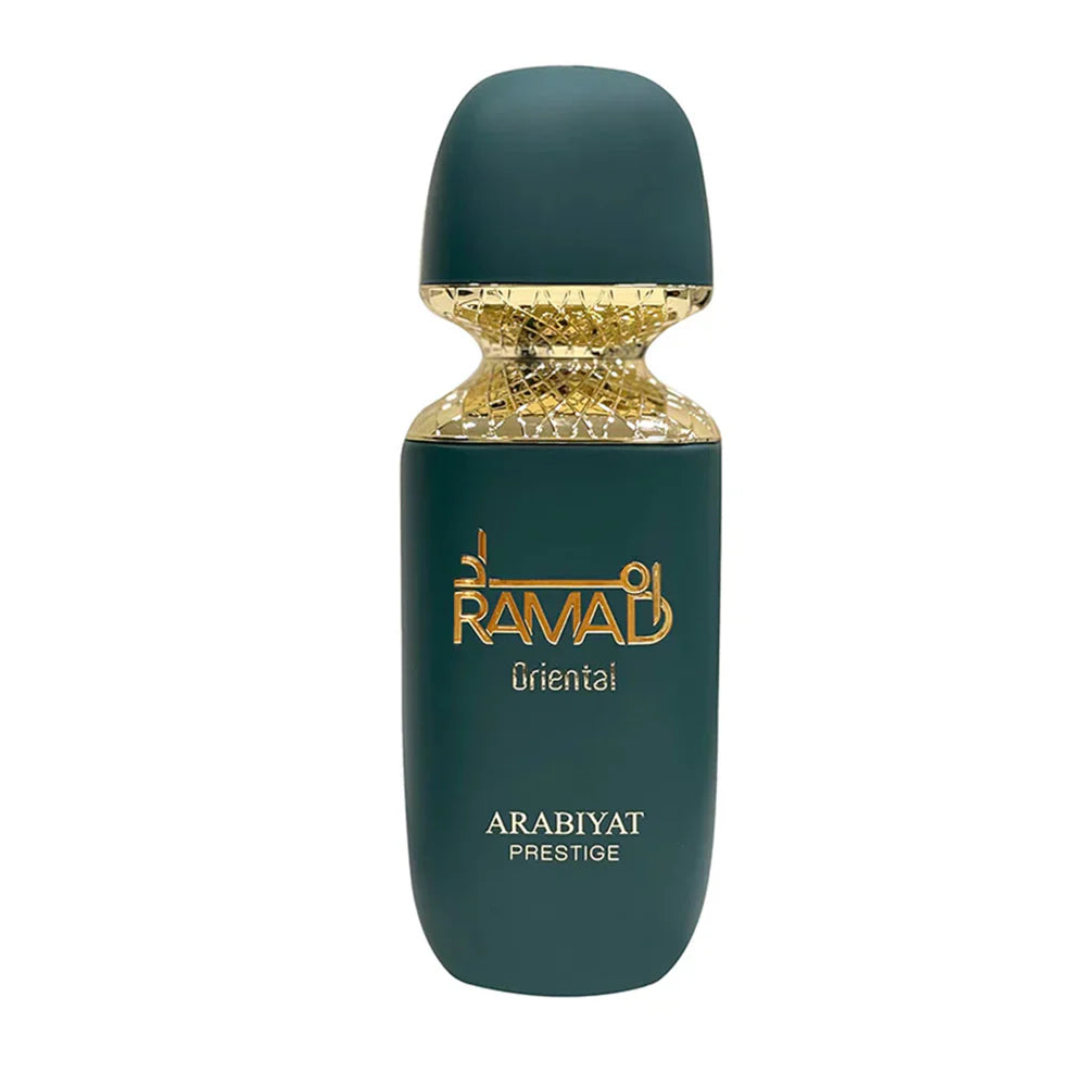 Arabiyat Prestige Ramad Oriental Eau De Parfum 100ml bottle, unisex fragrance with elegant design, suitable for men and women.