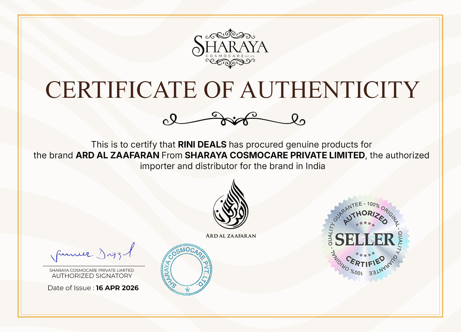 Ard Al Zaafaran Certificate