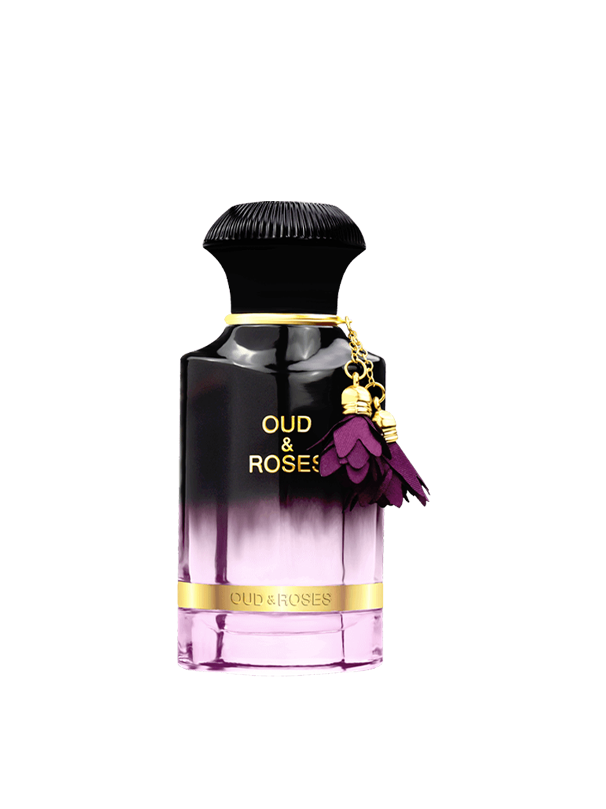 Elegant image of Oud & Roses by Ahmed Al Maghribi Eau de Parfum 60ml for women, featuring a glass perfume bottle with floral accents.