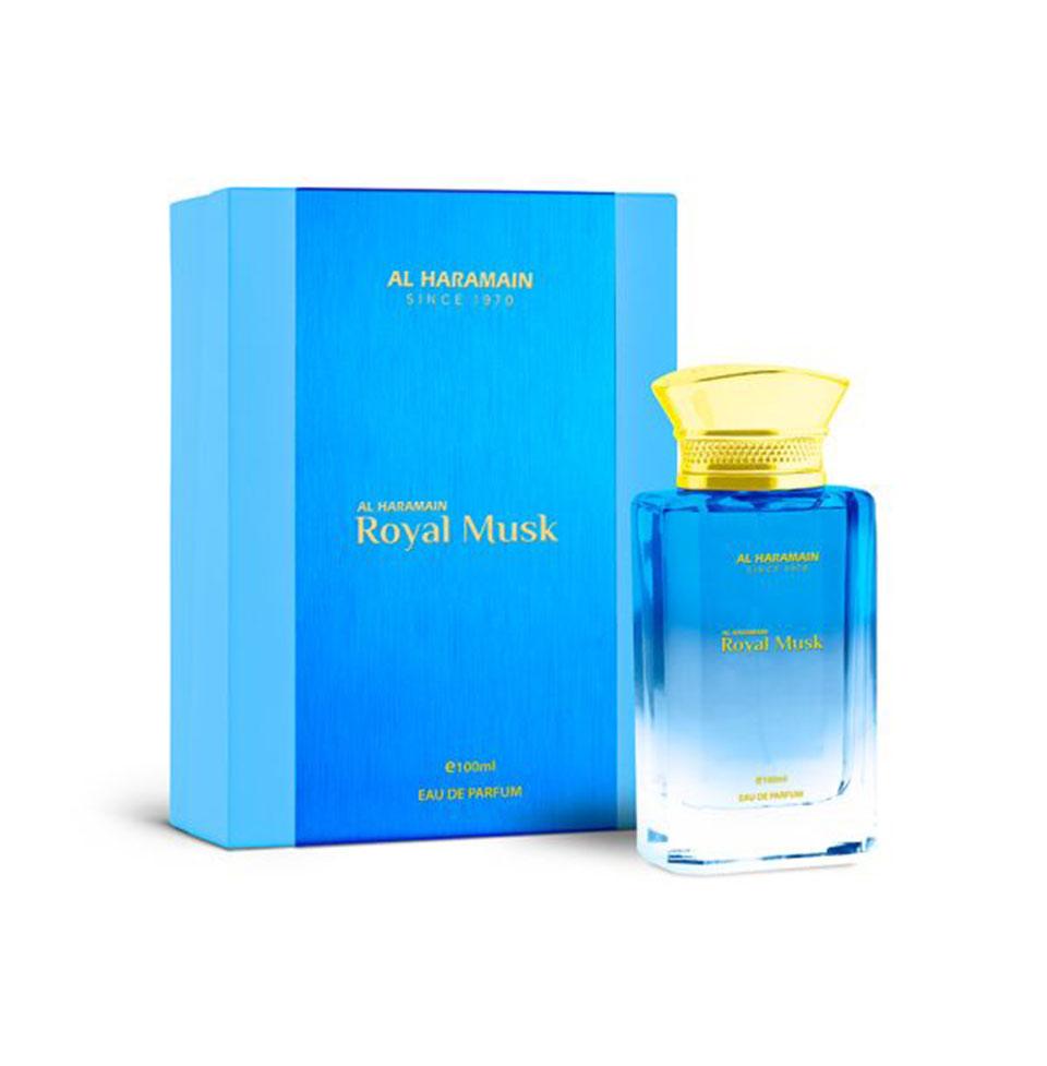 Al Haramain Royal Musk 100ml Eau de Parfum for men and women, featuring a sleek bottle with gold accents and elegant design.