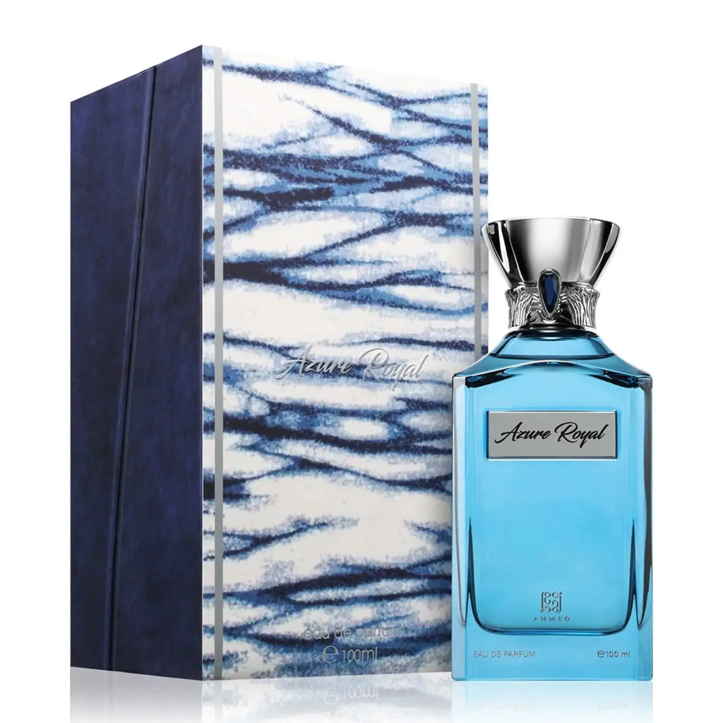 Ahmed Al Maghribi Azure Royal Eau de Parfum 100ml for men and women, featuring a sleek blue bottle with elegant design.