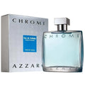 Azzaro Chrome Eau De Toilette 100ml for men, featuring a clear glass bottle with a silver cap and light blue liquid inside.