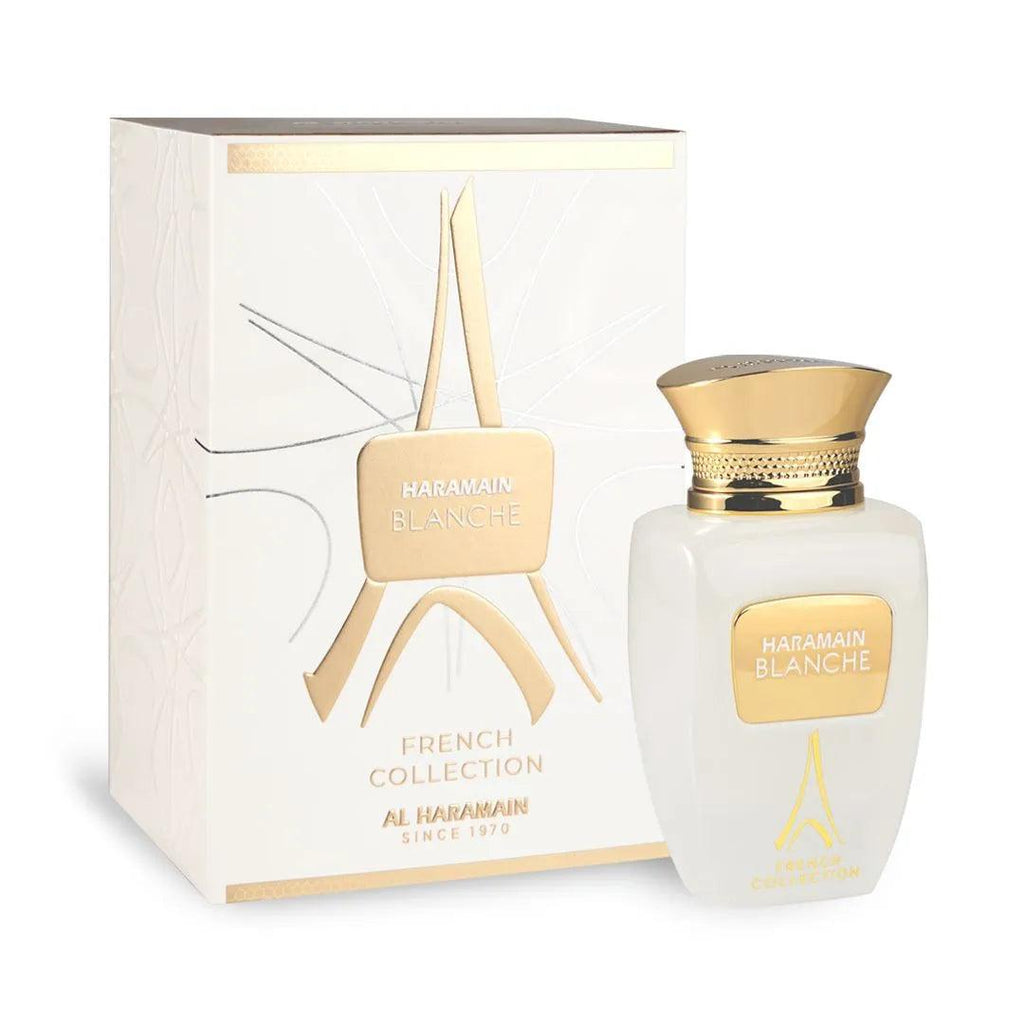 Al Haramain Blanche French Collection Eau de Parfum bottle for men and women, elegant design with clear glass and white cap.