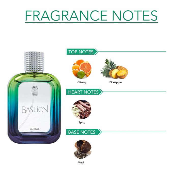Ajmal Bastion Pour Homme Eau De Parfum 100ML bottle with sleek design and silver cap, displayed against a neutral background.