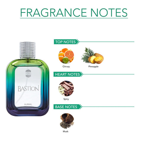 Ajmal Bastion Pour Homme Eau De Parfum 100ML bottle with sleek design and silver cap, displayed against a neutral background.