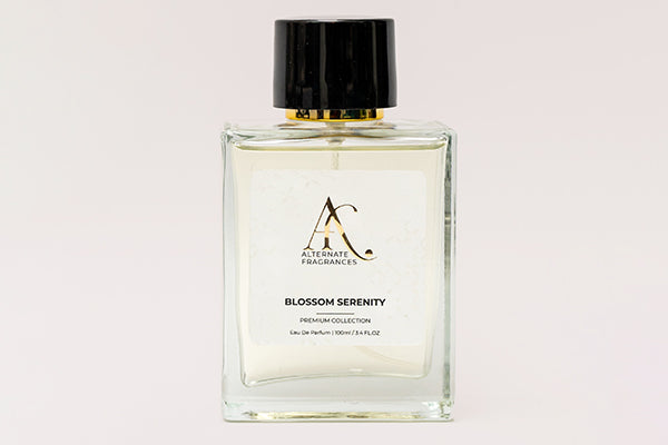 Rini Deals Blossom Serenity 100ml Eau de Parfum bottle with floral design, showcasing elegant packaging and fragrance details.