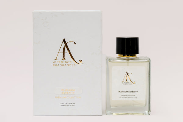 Rini Deals Blossom Serenity 100ml Eau de Parfum bottle with elegant floral packaging and box, showcasing the fragrance's delicate design.