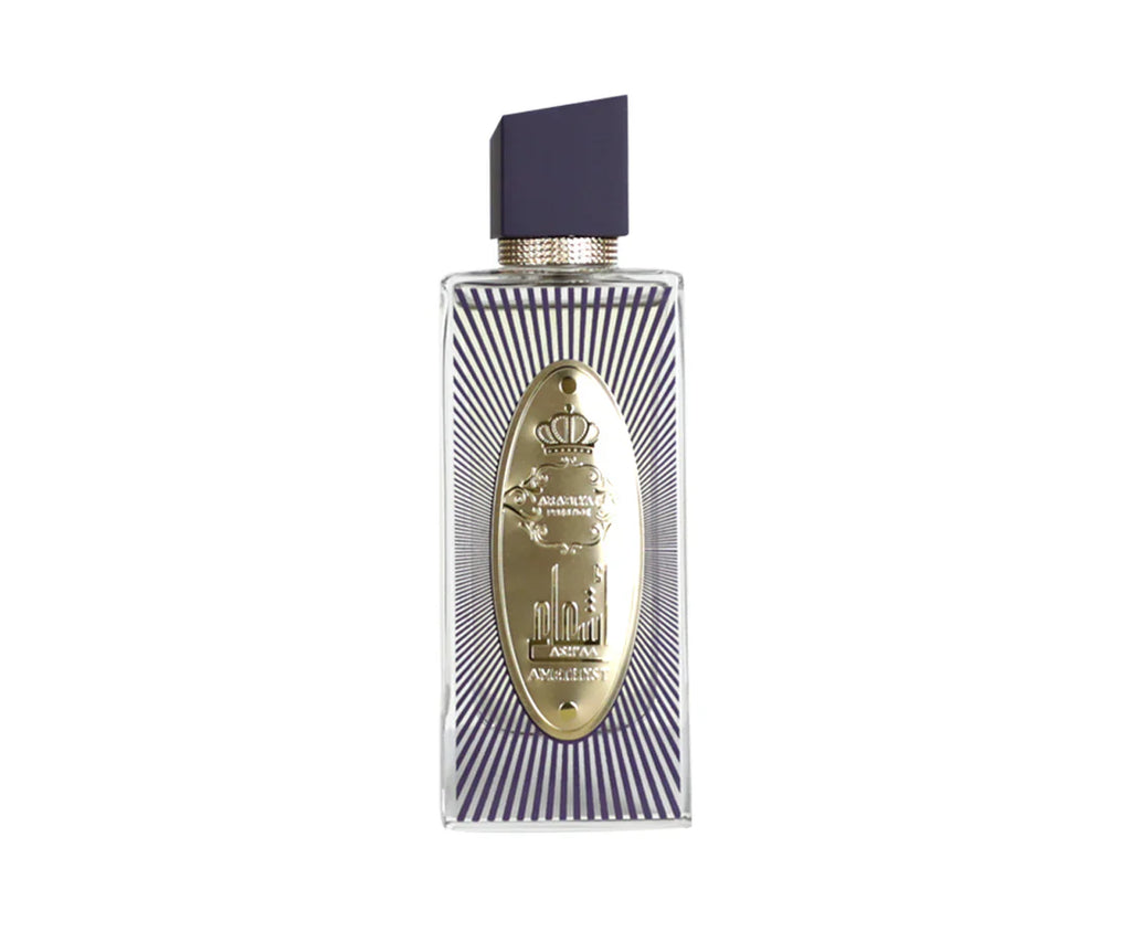 Arabiyat Prestige Ash'aa Amethyst Eau De Parfum bottle for women, 110ml, with a sleek purple and clear glass design.